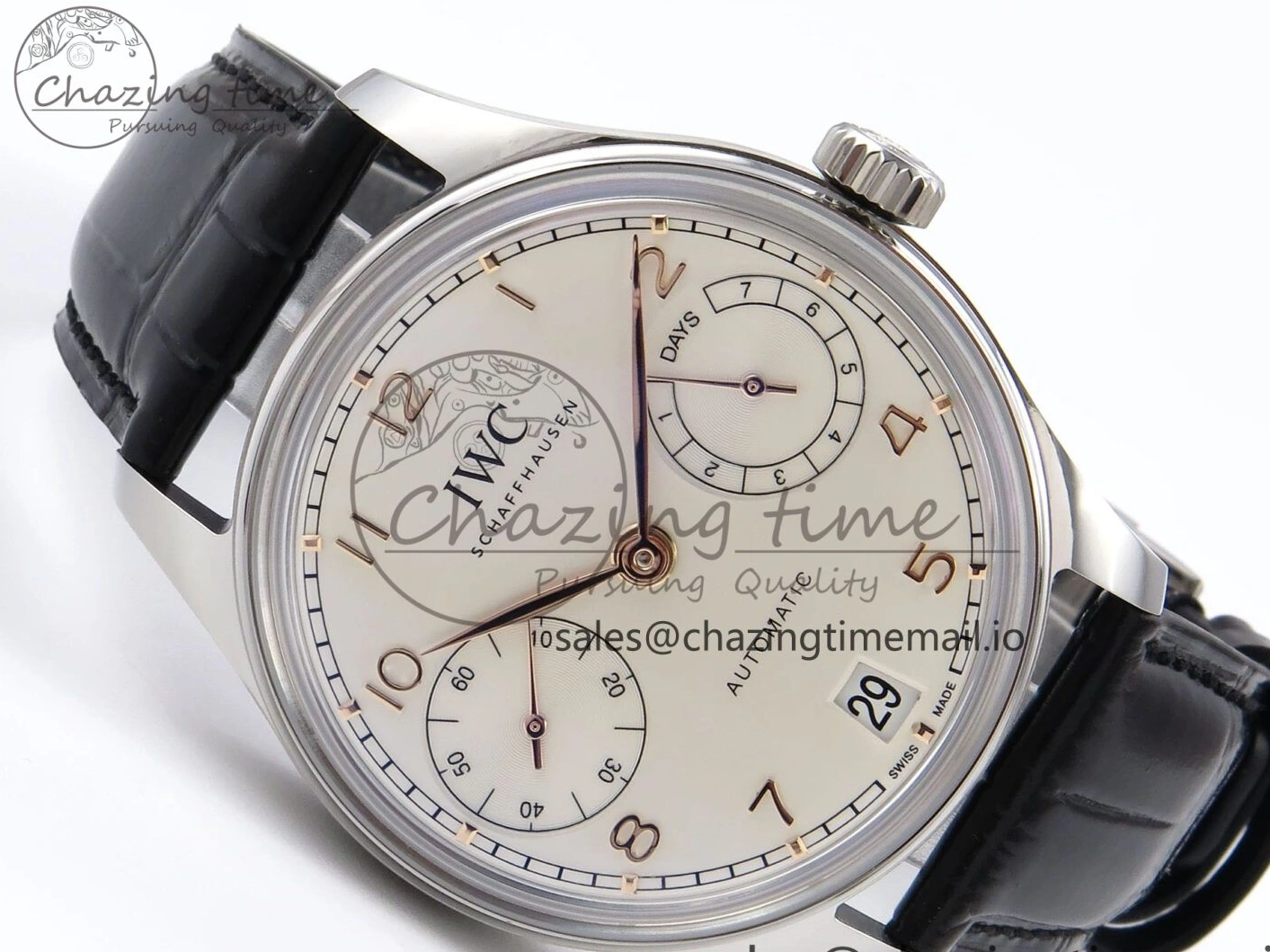 MIROTIME 0214 OnTrend Portugieser Automatic 42mm SS APSF 1:1 Best Edition White RG Dial on Black Leather Strap A 7010